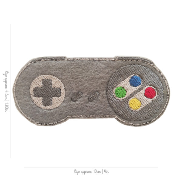 Bling! Handmade, Nintendo SNES Controller, Nintendo SNES Controller Patch, Nintendo Controller Patch, Patch, SNES Patch, Nintendo Patch, Arcade, Neo Geo, neogeo, Nintendo, Sega, Playstation, Atari, Jamma, Gaming, Videogame, Videogames, Pixel, Art, Patches, Embroidery, Bordados, Handmade, Emblems, Emblema, Applique, Pin, Badges, Uniform, Hat, Backpack, Clothing, Clothes, Velcro, Jackets, Gifts, Jeans