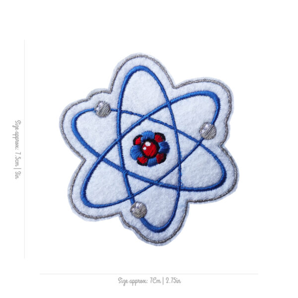 Bling! Handmade, Atom Patch, Atom, Patch, Science, maths, matematica, Electron, Proton, Neutron, Electrical, Patches, Embroidery, Bordados, Handmade, Emblems, Emblema, Applique, Pin, Badges, Uniform, Hat, Backpack, Clothing, Clothes, Velcro, Jackets, Gifts, Jeans